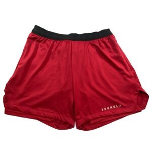 YoungLA Mens Mesh Gym Shorts Red Black Elastic Waist Zipper Pocket Size Medium